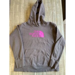 The North Face Hoodie Women's Large Gray Pink Logo Pullover Fleece Sweatshirt